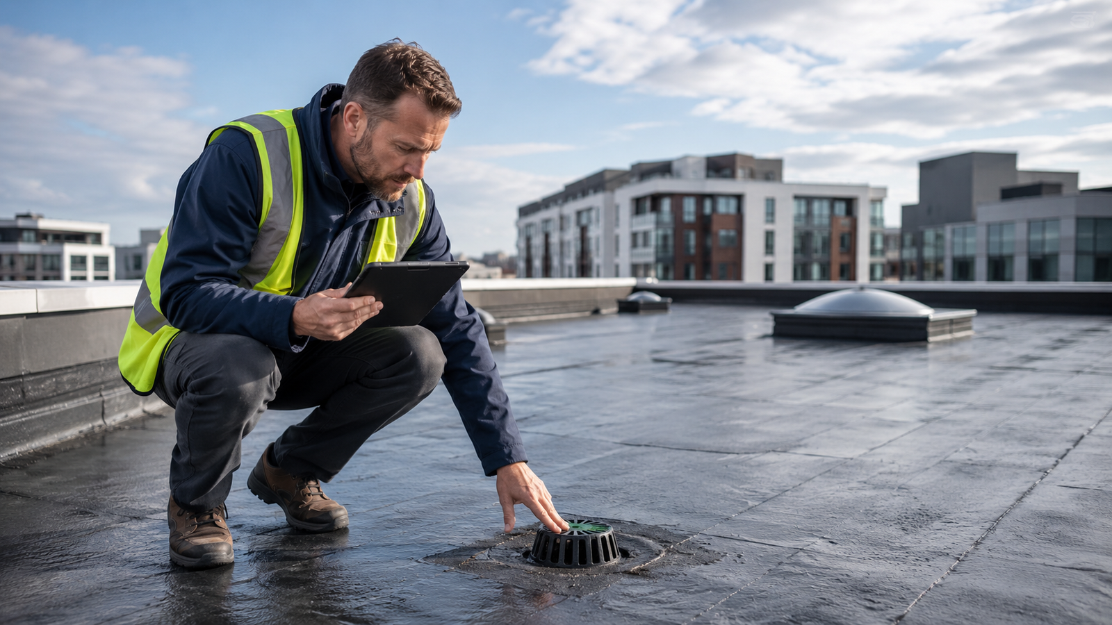 Professional inspecting a flat roof drain