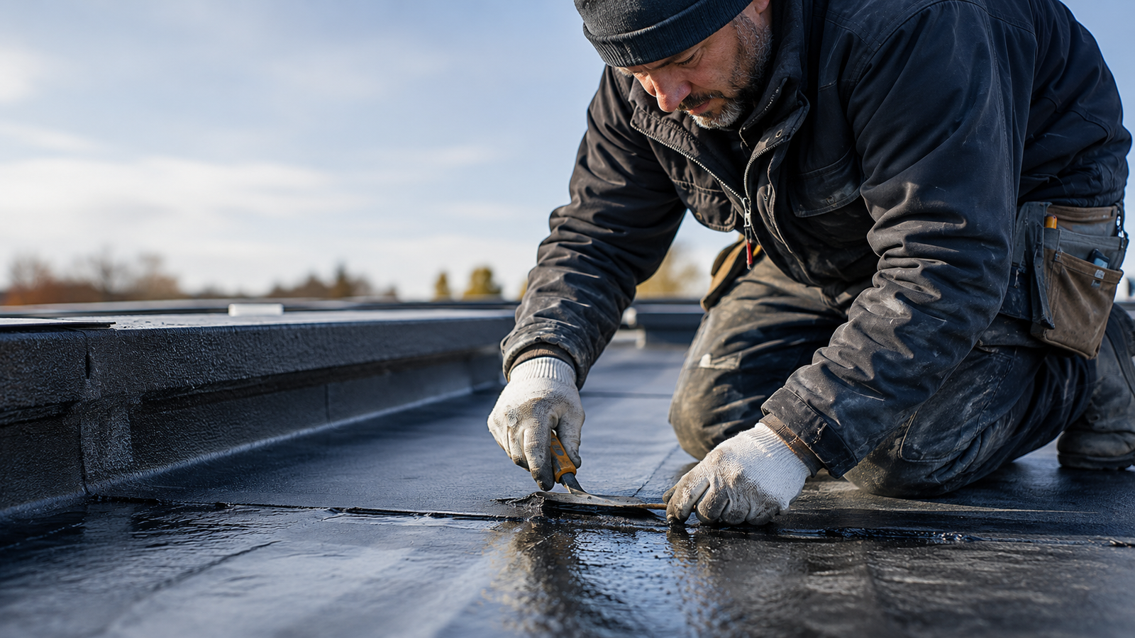 Roofer repairing a flat roof membrane seam